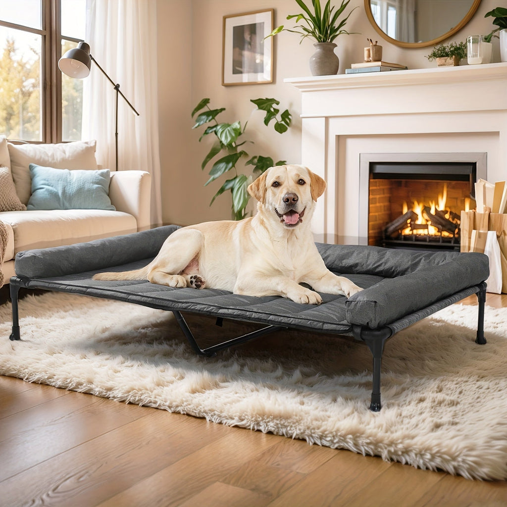 Cooling Elevated Dog Bed with Removable Pillow-Top Mat – Raised Bolster Dog Cot with Breathable Mesh and Non-Slip Feet, Dog Sofa Bed for Indoor & Outdoor Use