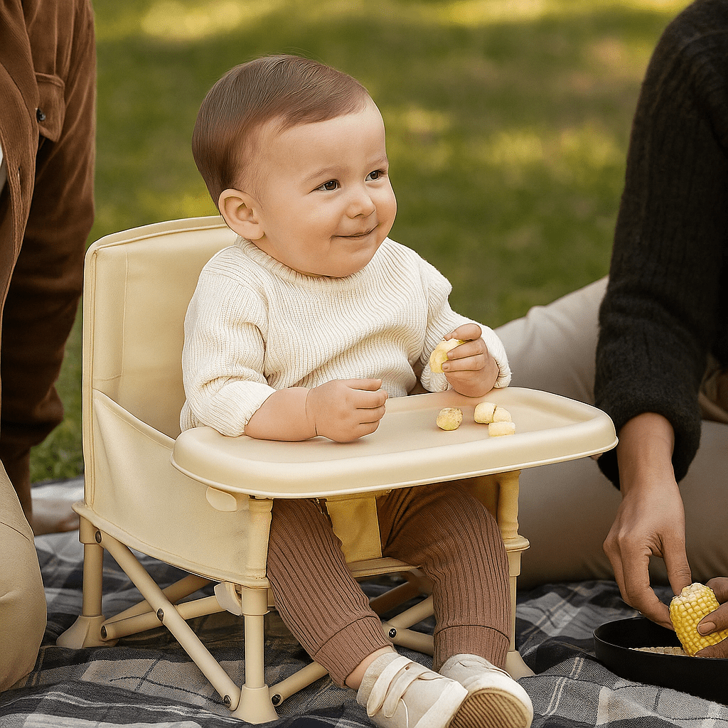 Greenwalnut Portable Foldable Kids Camp Chair & Booster Seat with Removable Tray, Safety Harness, Carry Bag, Lightweight for Camping Picnics & Outdoor Use, Beige & Grey