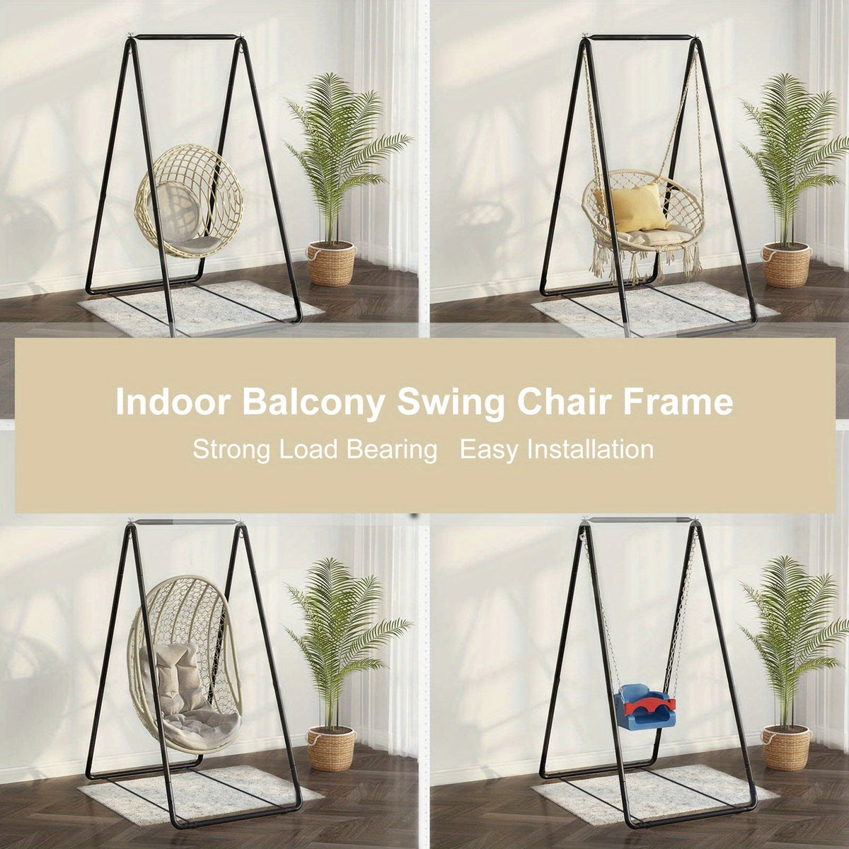 Hammock Swing Chair Stand Frame 35.5"x33.5"x57", Heavy-Duty Indoor Outdoor Use, Dual Hanging Hooks, for Balcony Patio Bedroom Garden (Chair Not Included)