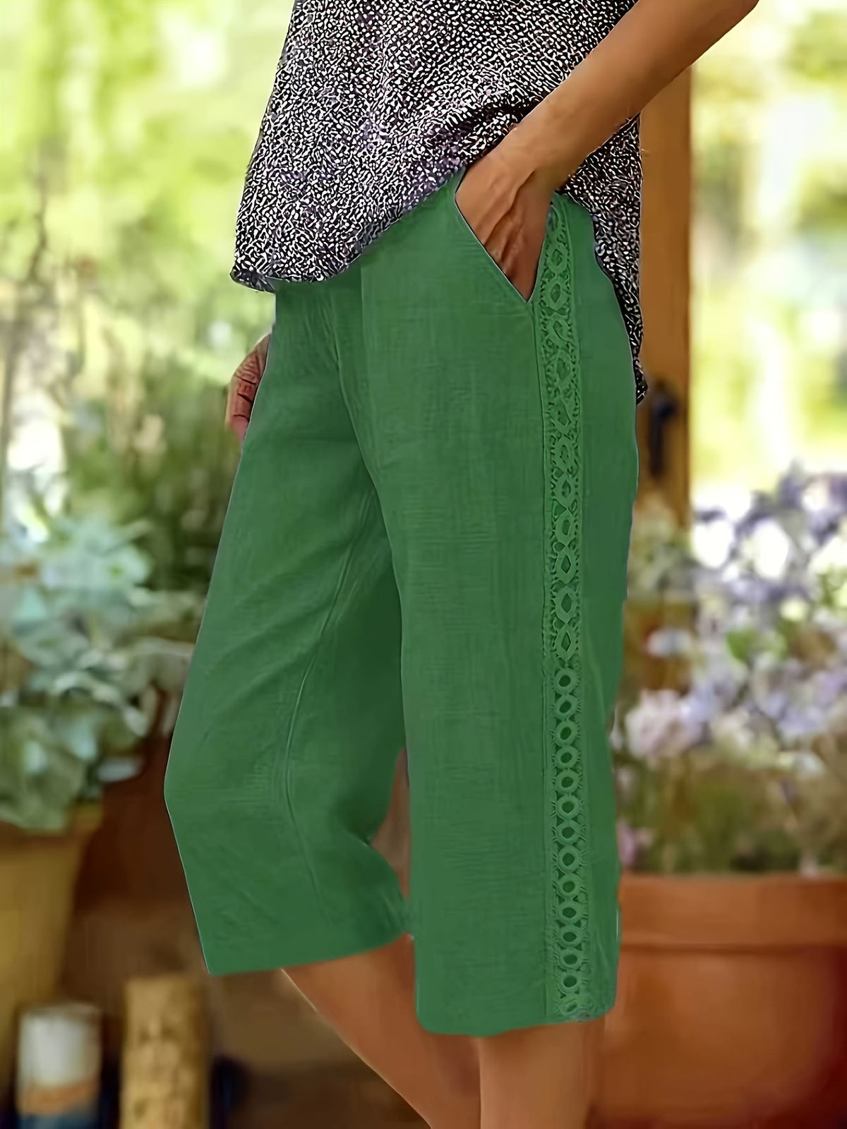 Women's Capri Pants Side Lace Elastic Waist Diagonal Pockets Casual Three-Quarter Length Pants Green Black White Grey Sky Blue Khaki S-XXL