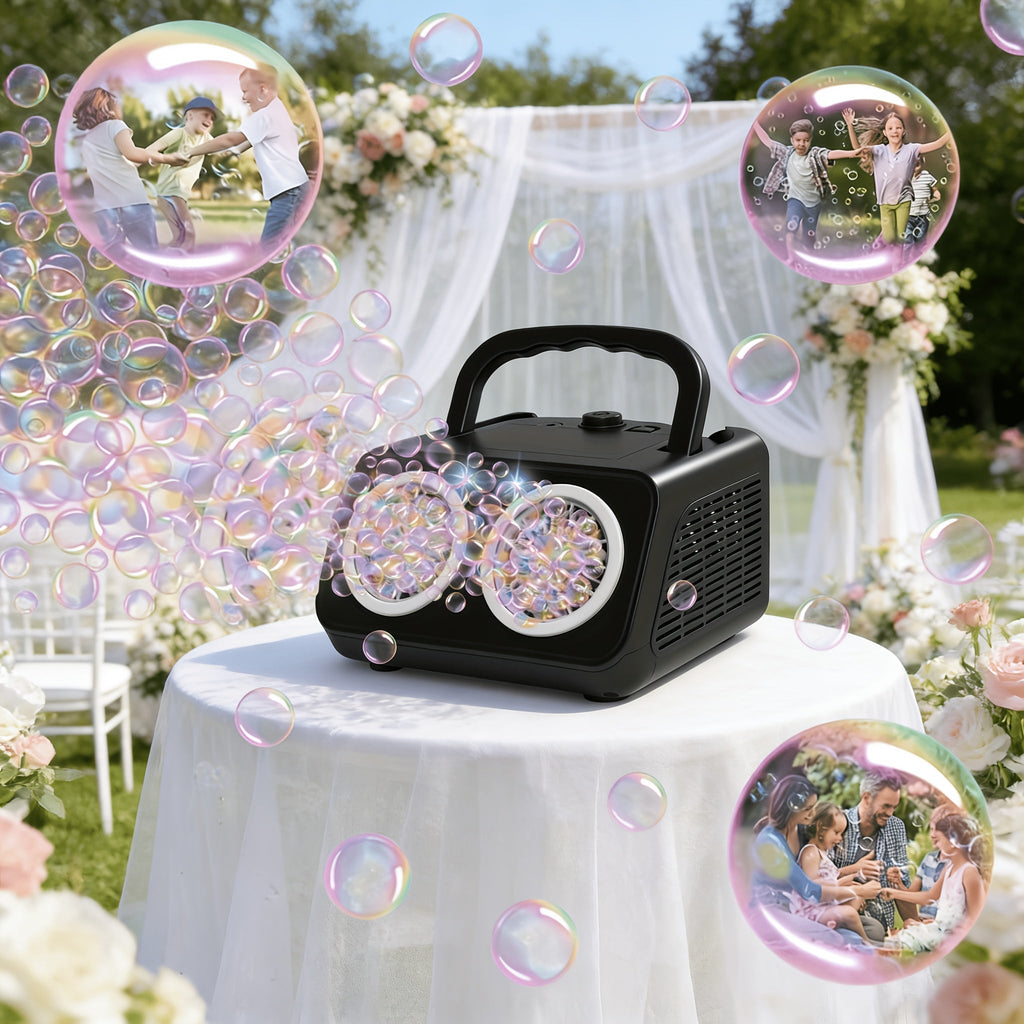Upgraded Automatic Bubble Machine, Thickened 2-Fan Design, 20,000+ Bubbles Per Minute, Plug-in or Battery-Powered Portable Bubble Blower for Indoor/Outdoor Birthday Parties, Weddings, and Kids (White/Black)