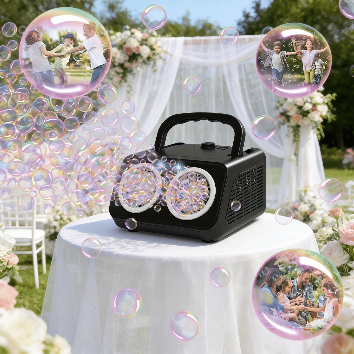 Upgraded Automatic Bubble Machine, Thickened 2-Fan Design, 20,000+ Bubbles Per Minute, Plug-in or Battery-Powered Portable Bubble Blower for Indoor/Outdoor Birthday Parties, Weddings, and Kids (White/Black)