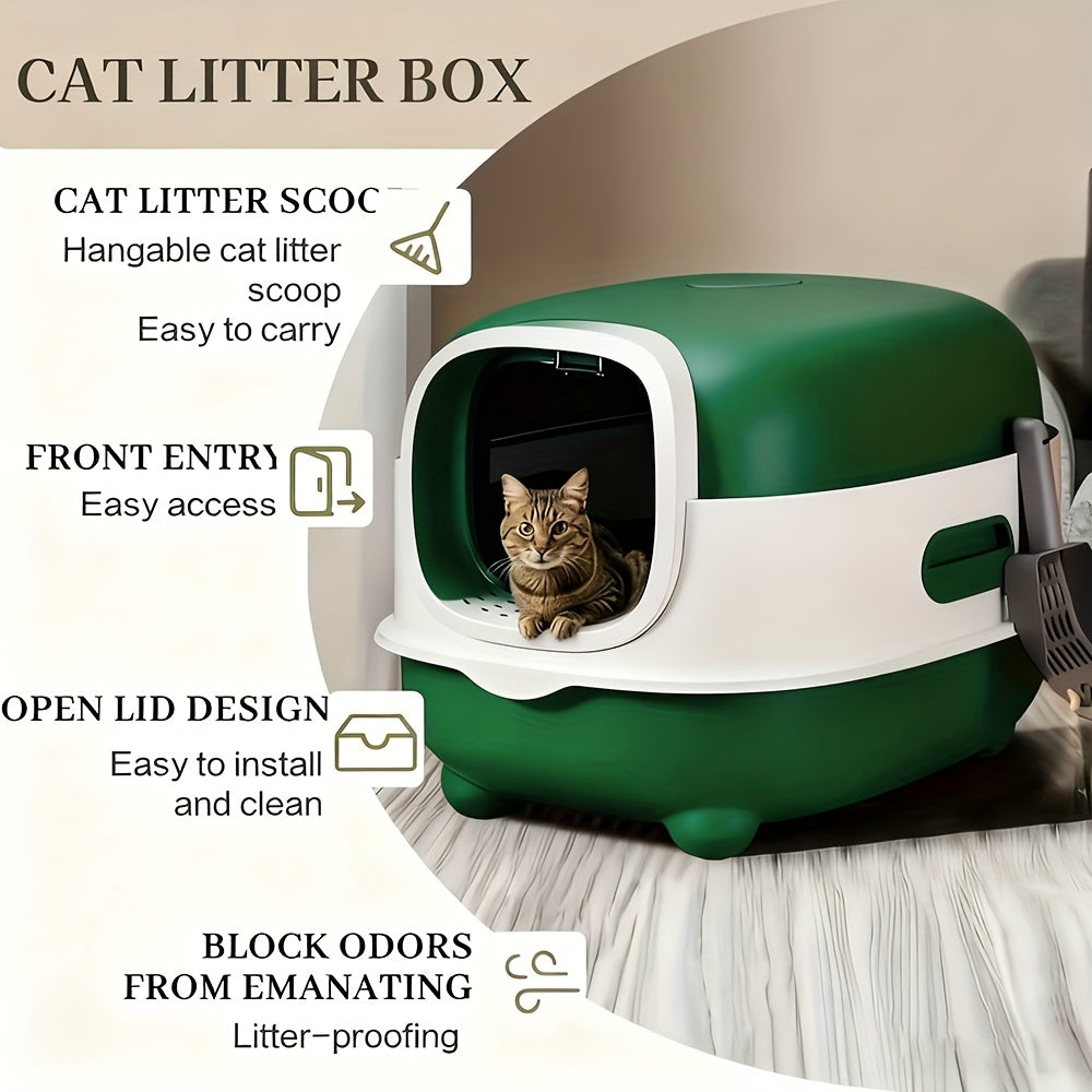 Covered Cat Litter Box with Scoop – Spacious Fully Enclosed Spill-Proof Design, Easy to Clean & Store, Ideal for Small to Medium Cats, Available in Gray, Purple & Blue