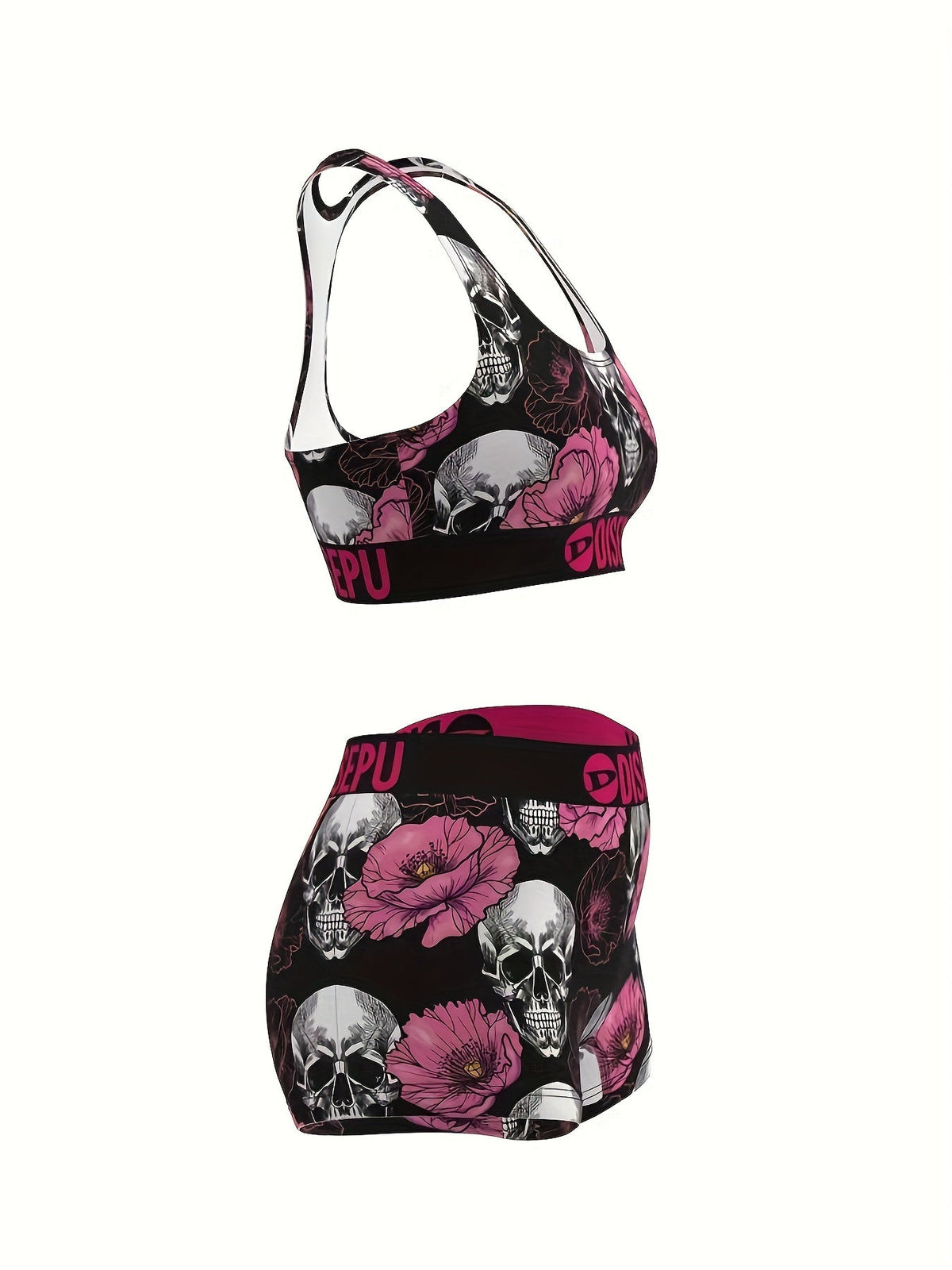 Women's Skull and Pink Flower Print Sports Bra and Shorts Set - 2-Piece Gothic Floral High-Stretch Activewear for Gym, Yoga, Running, Halloween Workouts, Breathable Athletic Outfit, Sizes S-XXL