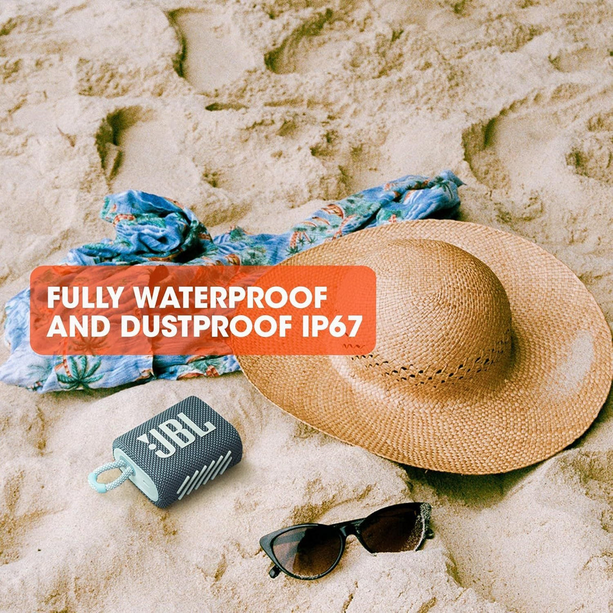 JBL Go 3 Portable Mini Bluetooth Speaker - IP67 Waterproof & Dustproof, Big Audio & Punchy Bass, 5H Playtime, USB-C Fast Recharge, Rugged Fabric & Carry Loop - Red, White, Blue, Camo & Gray