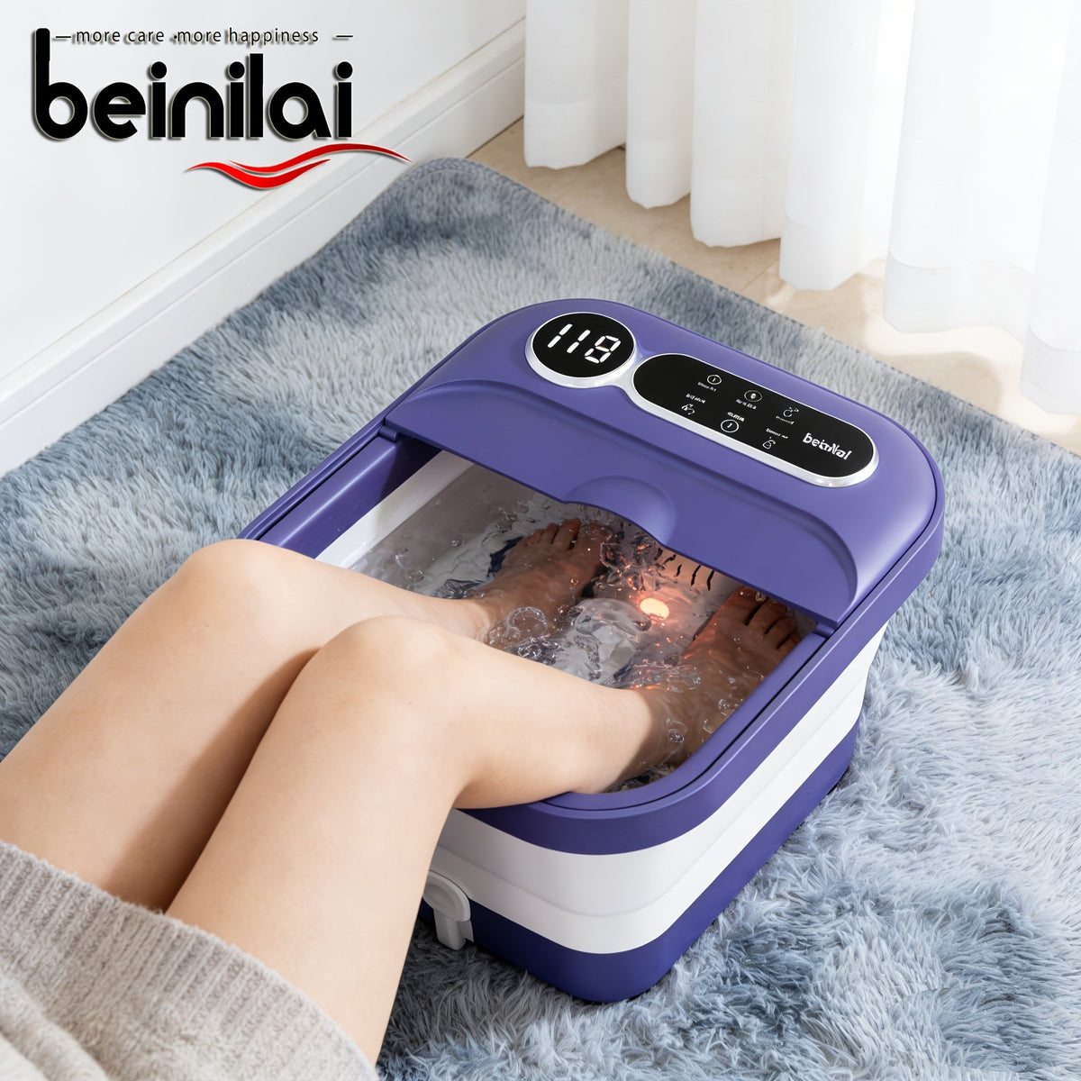 Collapsible Foot Spa & Massager - Heater, Temperature Control, Bubbles, 6 Massage Rollers, Vibration & Red Light - Black & Blue (Auto Massage)
