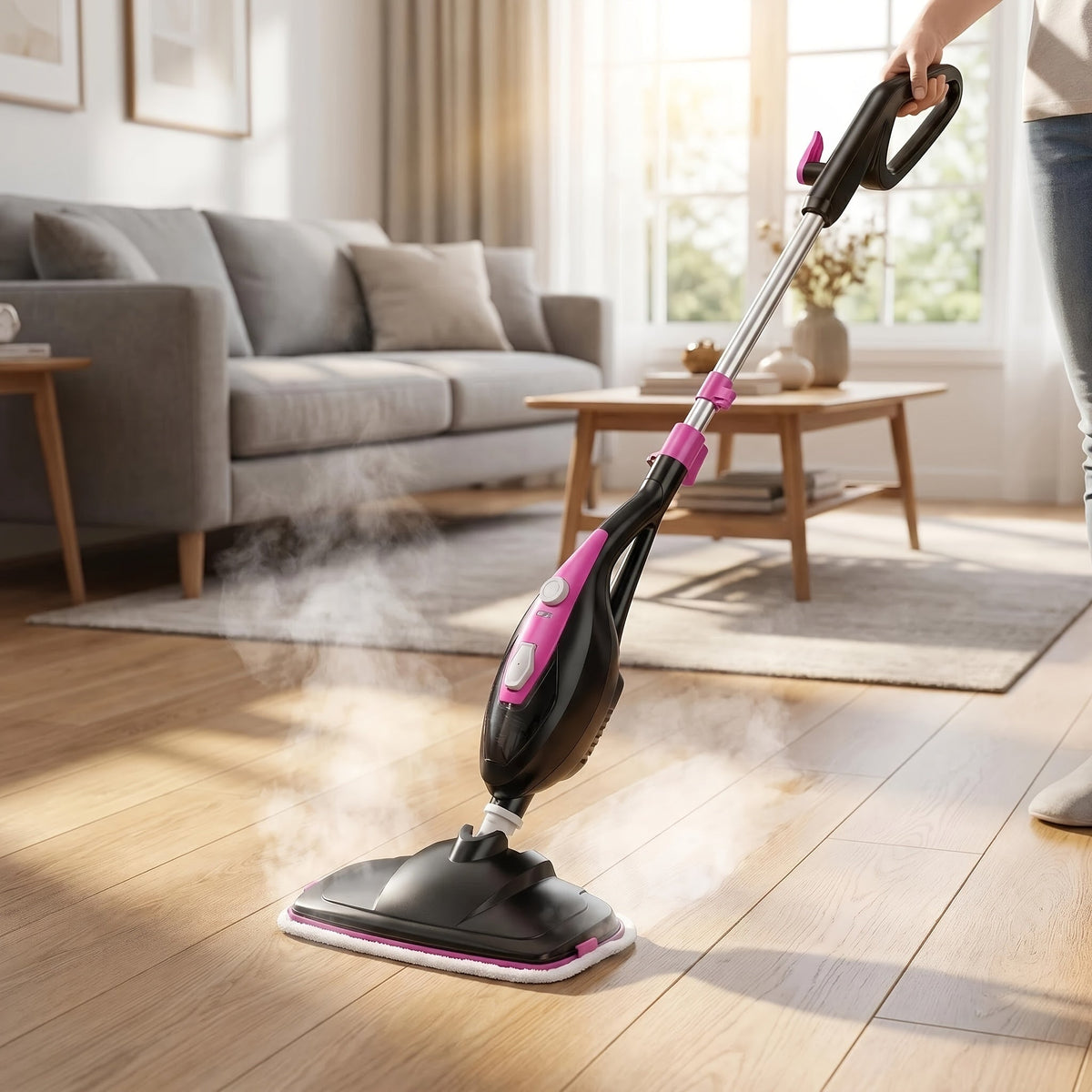 10-in-1 Steam Mop & Handheld Steam Cleaner - 1550W, Detachable, 2 Reusable Pads, 16.4ft Cord - Hardwood, Tile, Grout, Carpet & Windows - Black & Pink
