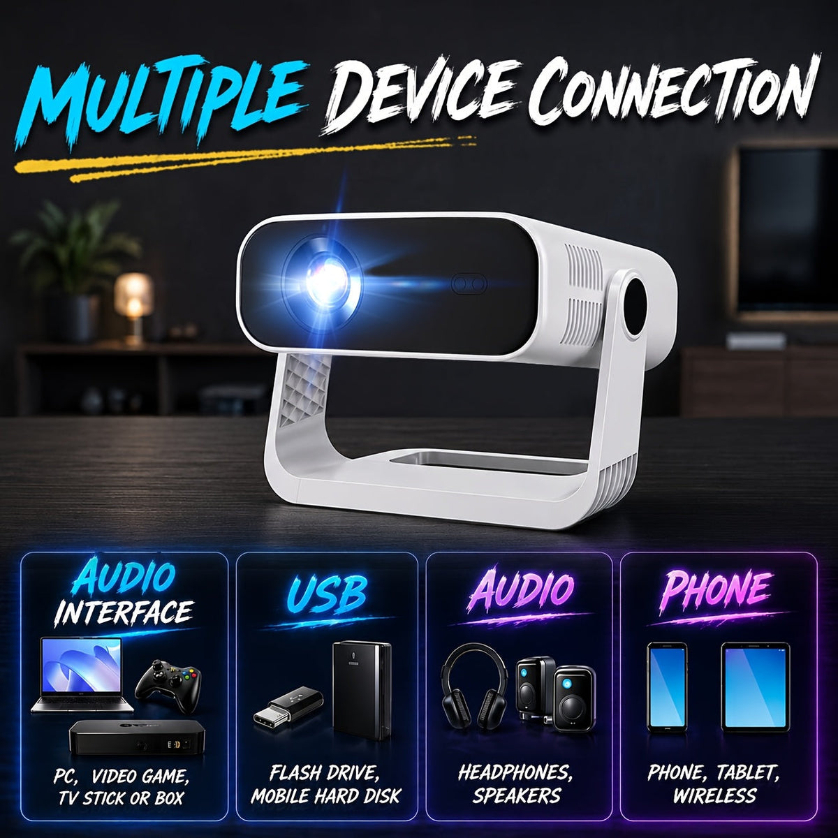 Mini Movie Projector 4K Support Native 1080P – Built-In WiFi 6 & Bluetooth 5.4 Auto Keystone Correction & Zoom for Bedroom Home Theater Outdoor