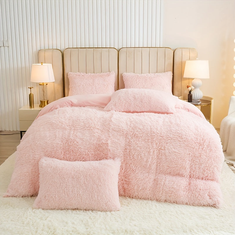 Plush Duvet Cover Set 3 Piece, Long Hair Knitted Polyester, Solid Color Fuzzy Comforter Cover with Zipper Closure, All-Season Soft Cozy Bedding Set for Bedroom, Multiple Colors Available