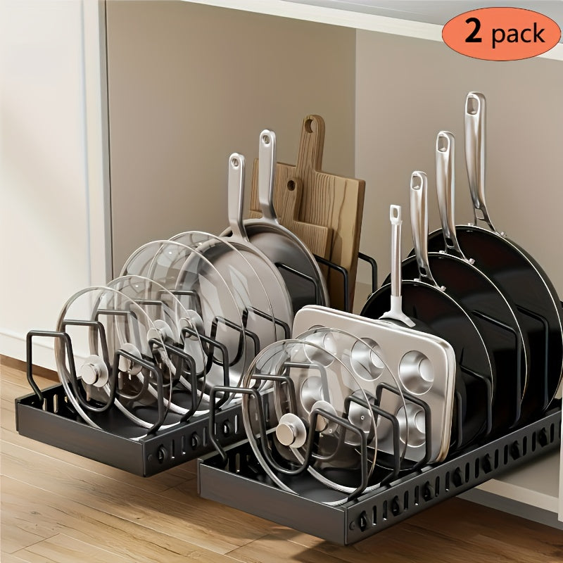 Pull-Out Pot & Pan Organizer Rack for Under Cabinet – Slide-Out Lid Holder with 8 Adjustable Compartments, Drill-Free Installation, Kitchen Cabinet Cookware & Baking Sheet Organizer – 1pc or 2pcs
