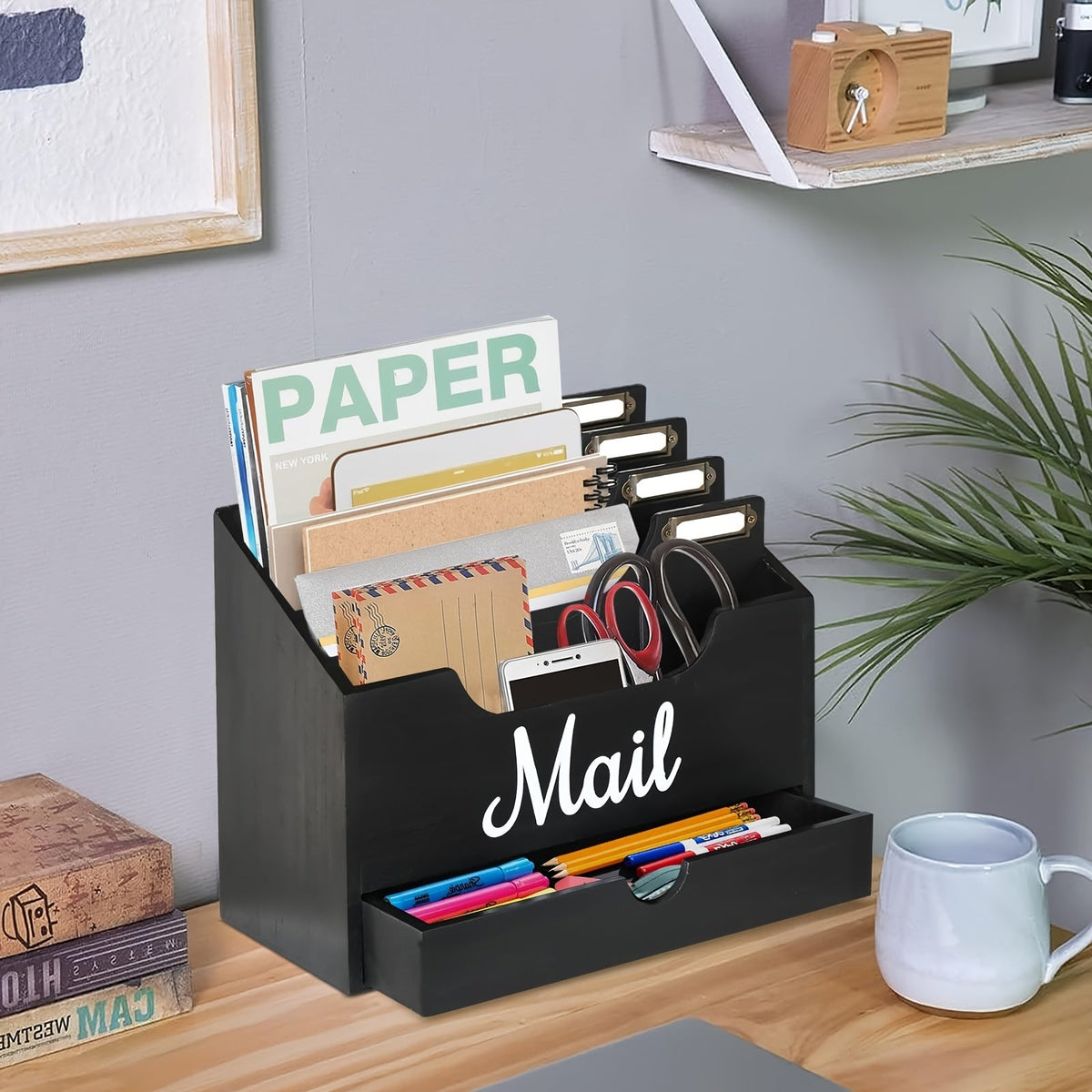 Large Solid Wood Desktop Mail Organizer with Drawer and 4 Compartments, Labelable Dividers for Files, Letters, and Paper Folders, Desk Organizer for Home Office, Students, and Professionals