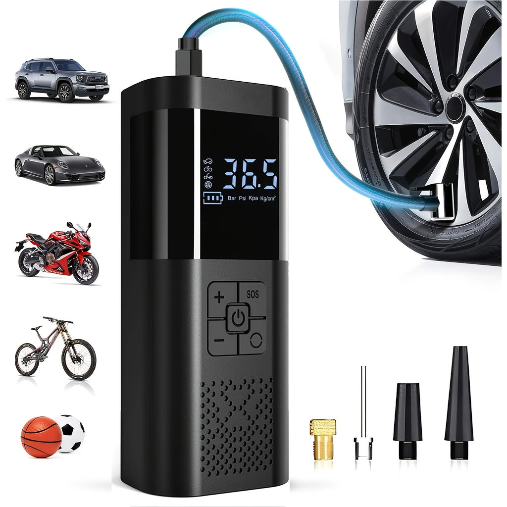 便携式充气泵 150PSI 无线空气压缩机 | 6000mAh 电池，3倍快速充气，LCD 压力表，自动关机，LED 灯，USB-C – 适用于汽车、摩托车、自行车及球类