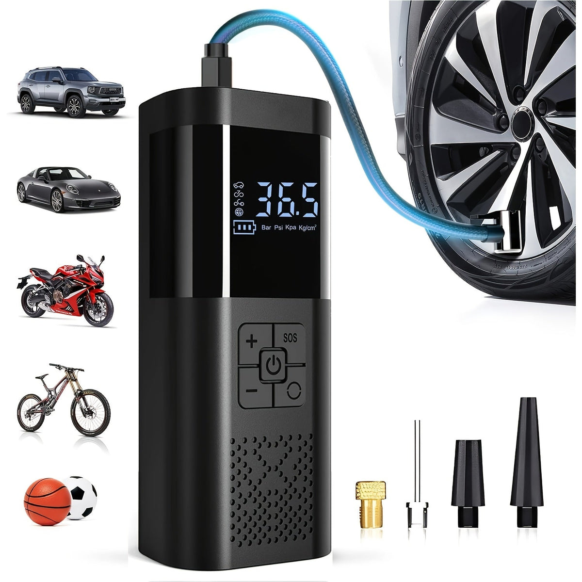 便携式充气泵 150PSI 无线空气压缩机 | 6000mAh 电池，3倍快速充气，LCD 压力表，自动关机，LED 灯，USB-C – 适用于汽车、摩托车、自行车及球类