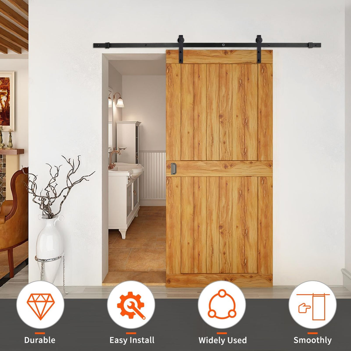 Sliding Barn Door Hardware Kit 6.6 FT Heavy Duty Carbon Steel Track – Quiet Gliding Complete Kit for Single Wood Doors 36"-40" Wide