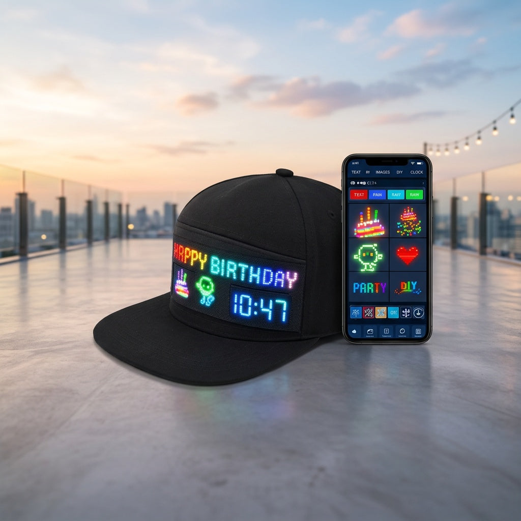 Programmable LED Light-Up Baseball Cap – Bluetooth App Scrolling Text & Animation, Rechargeable Flashing Hat for Parties, Music Festivals, and Night Runs, Adjustable Gift for Teens