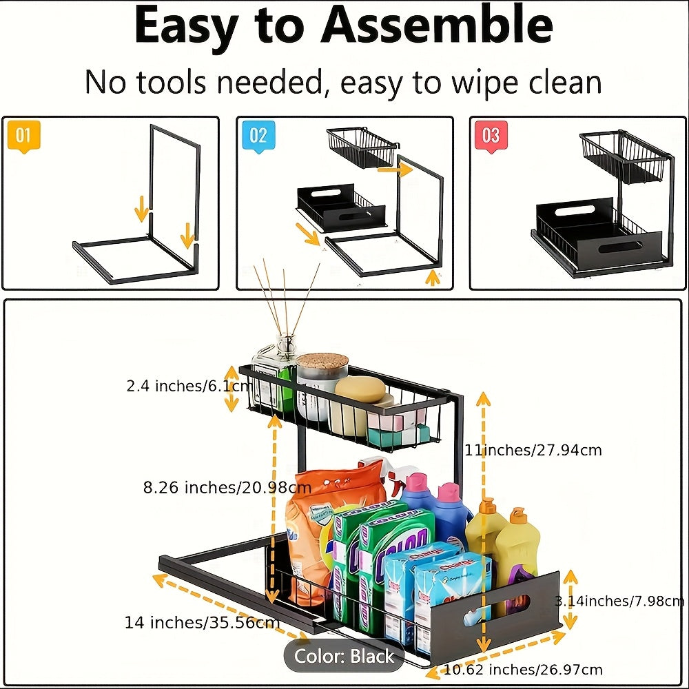 Pull-Out Under Sink Organizer, 2-Tier Slide-Out Cabinet Shelf, Kitchen/Bathroom Utility Storage Rack, Sliding Cabinet Organizer for Under Sink, Kitchen, Bathroom, or Pantry – 1 or 2 Pack Options