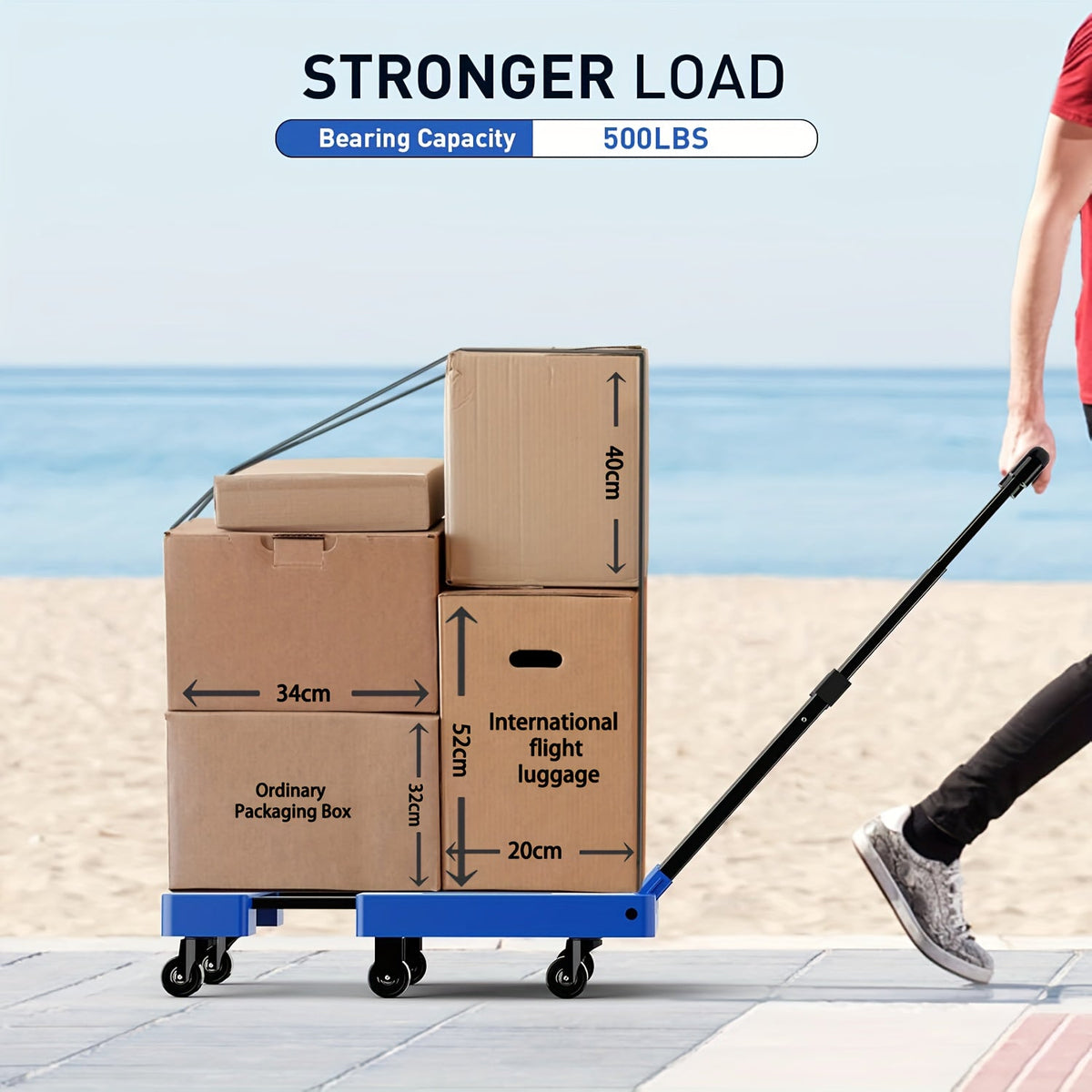 500LB Collapsible Hand Trolley & Utility Dolly with 6 Wheels - Foldable Luggage Cart with 2 Elastic Straps for Moving, Travel, Shopping, Warehouse, Office - 4 Options