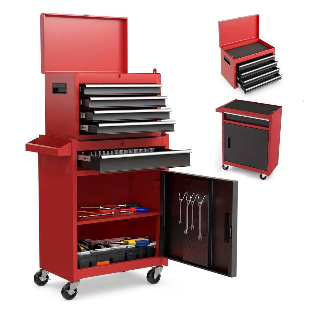 2-in-1 Tool Cabinet Combo Rolling Toolbox Chest for Garage & Home Use with Drawers – Red, Black or Blue