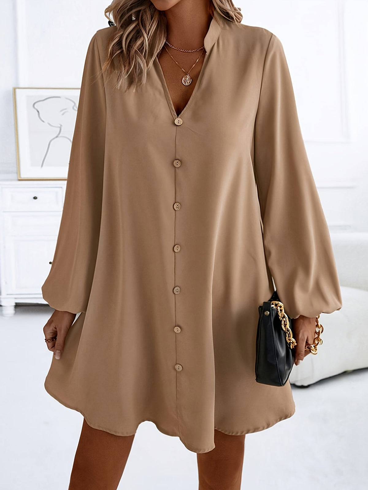 Women's V-Neck Long Sleeve A-Line Flared Dress, Elegant Solid Color Single-Breasted Midi Dress for Spring, Summer, Party, and Casual Wear