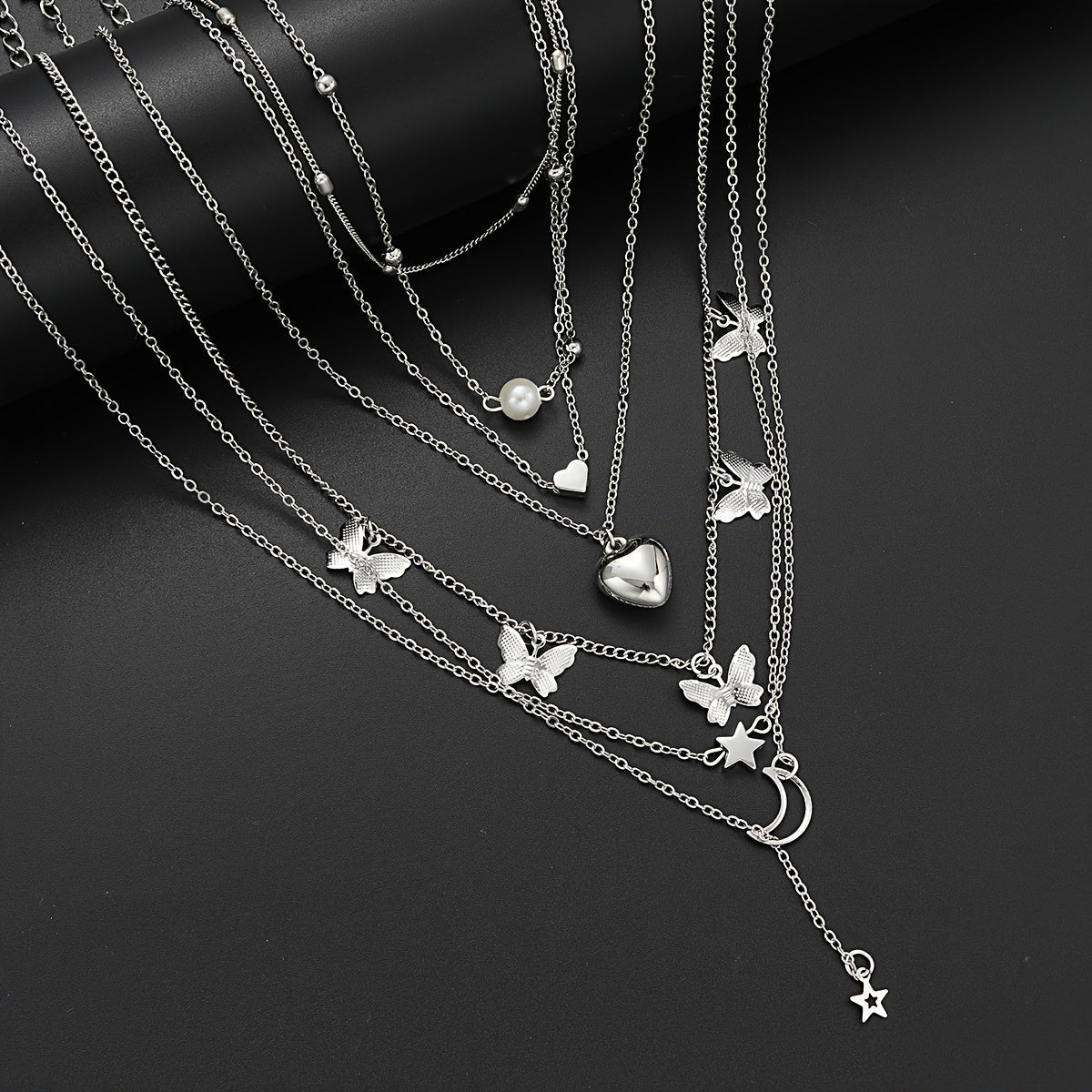 108pcs Women's Jewelry Set Vintage Butterfly Heart Rhinestone Necklace Bracelet Anklet Ring Earrings Bundle Multi-Layer Chains Silver Fashion Jewelry Gift for Her