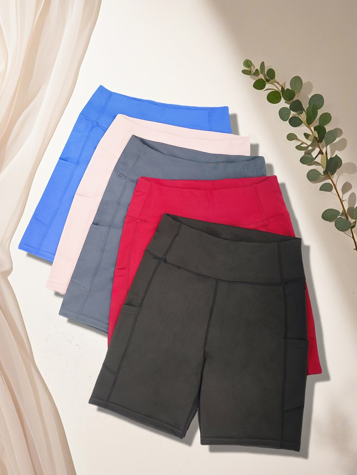 Women's High-Waist Yoga Shorts 5-Pack with Pockets, Sweat-Wicking, Elastic Waistband, Tummy Control, Workout/Running/Cycling Shorts for Women, Sizes M-XXL, Mixed Colors