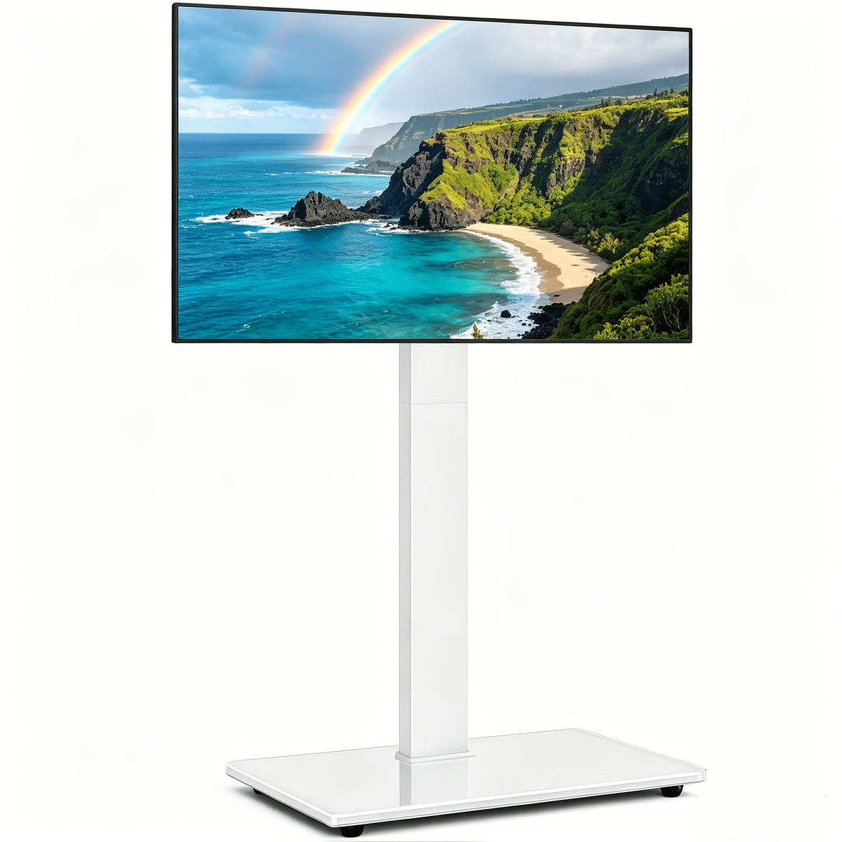 Freestanding Tempered Glass TV Stand 32–75 In 88 Lbs Universal VESA Height Adjustable 44.4–54.6 In 30° Swivel 8mm Glass Base Cable Management – White