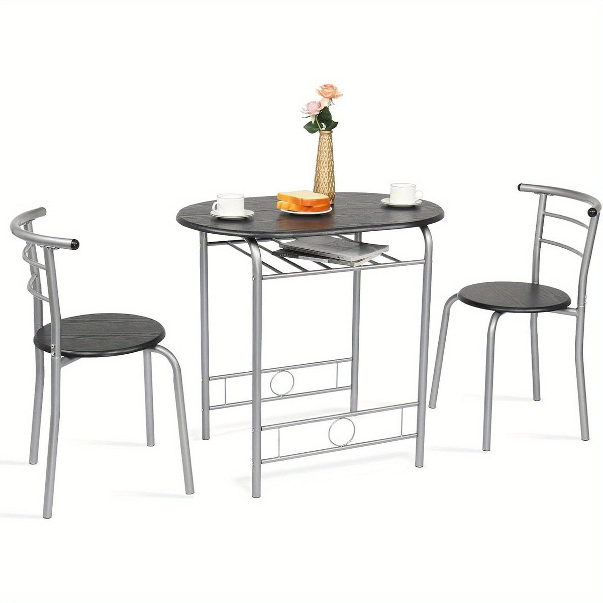 Bonnlo 3pcs Dining Set, Small Kitchen Table Set for 2, Breakfast Table Set, Kitchen Wooden Table and 2 Chairs for Small Space/ Dining Room/ Apartment/ Living Room/ Home Decor, Metal Frame Wine Rack