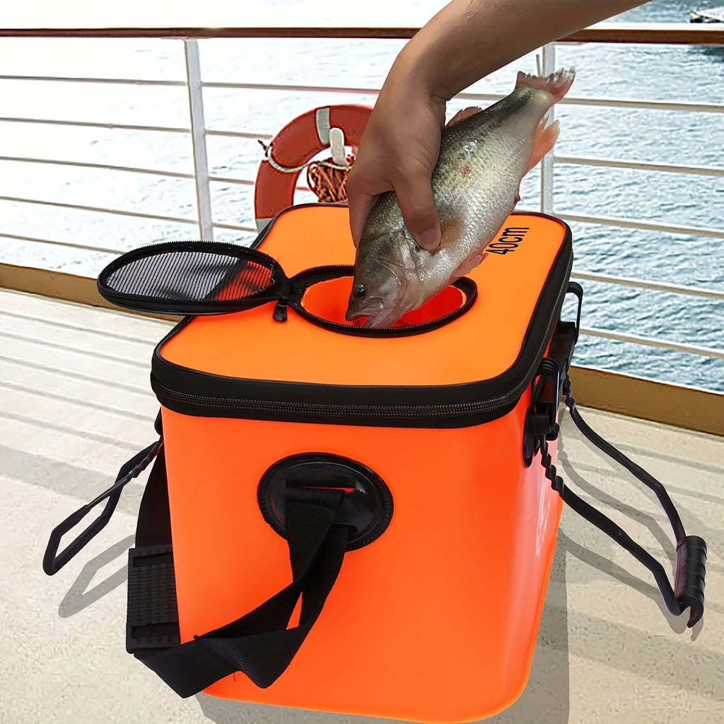 25L Foldable Fishing Bucket, Collapsible EVA Live Fish Bait Container – Portable Multifunctional Outdoor Fish Keeper Bag for Carp & Freshwater Fishing, Gift for Men (Blue/Orange)