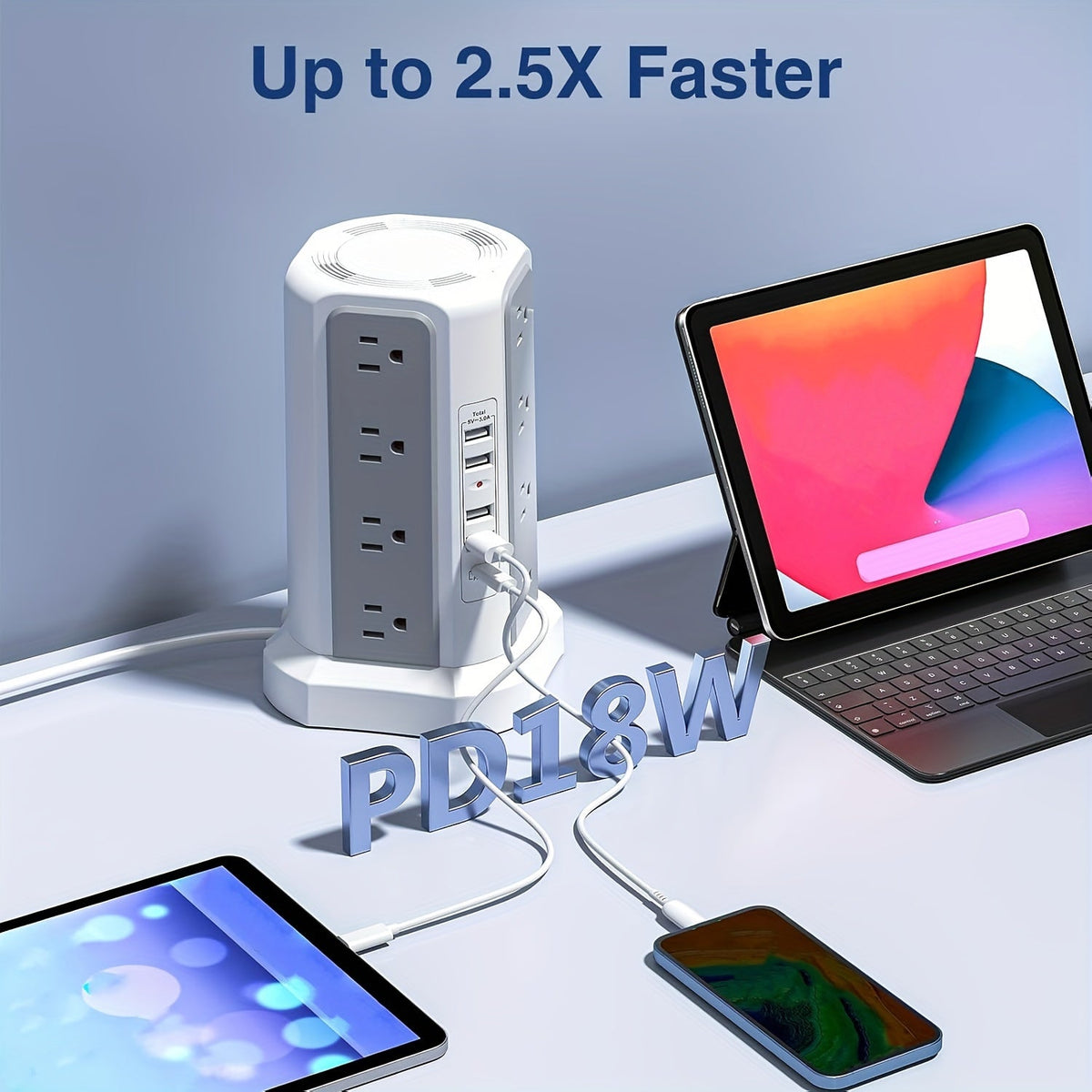 Tower Surge Protector Power Strip, 12 AC Outlets, 5 USB Ports with 18W PD USB-C Fast Charging, 10FT Extension Cord, 1800J Surge Protection, 4 Switches, for Home, Office, Desk, and Dorm Room – Space-Saving Vertical Design