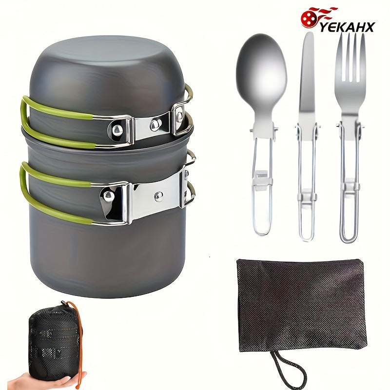 304 Stainless Steel Camping Cookware Set with Foldable Storage – Durable Compact Pot with Knives & Forks Utensils for Outdoor Backpacking, Hiking, Picnics & Camping, Green & Orange, Lightweight Camp Kitchen Kit
