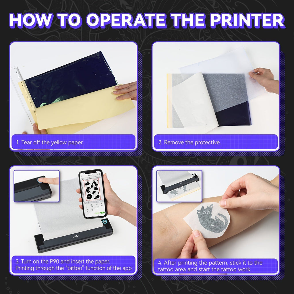 Peripage P90 Tattoo Stencil Printer – Portable Thermal Printer for Tattoo Transfer Paper, Compatible with iOS, Android & PC, Mini Wireless Printer Includes 5pcs A4 Transfer Paper, Gift for Tattoo Artists