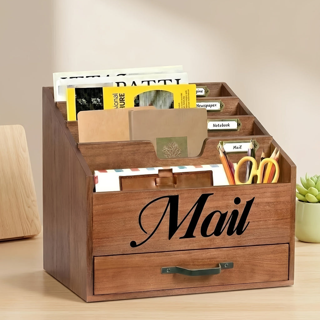 Large Solid Wood Desktop Mail Organizer with Drawer and 4 Compartments, Labelable Dividers for Files, Letters, and Paper Folders, Desk Organizer for Home Office, Students, and Professionals