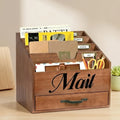 Large Solid Wood Desktop Mail Organizer with Drawer and 4 Compartments, Labelable Dividers for Files, Letters, and Paper Folders, Desk Organizer for Home Office, Students, and Professionals