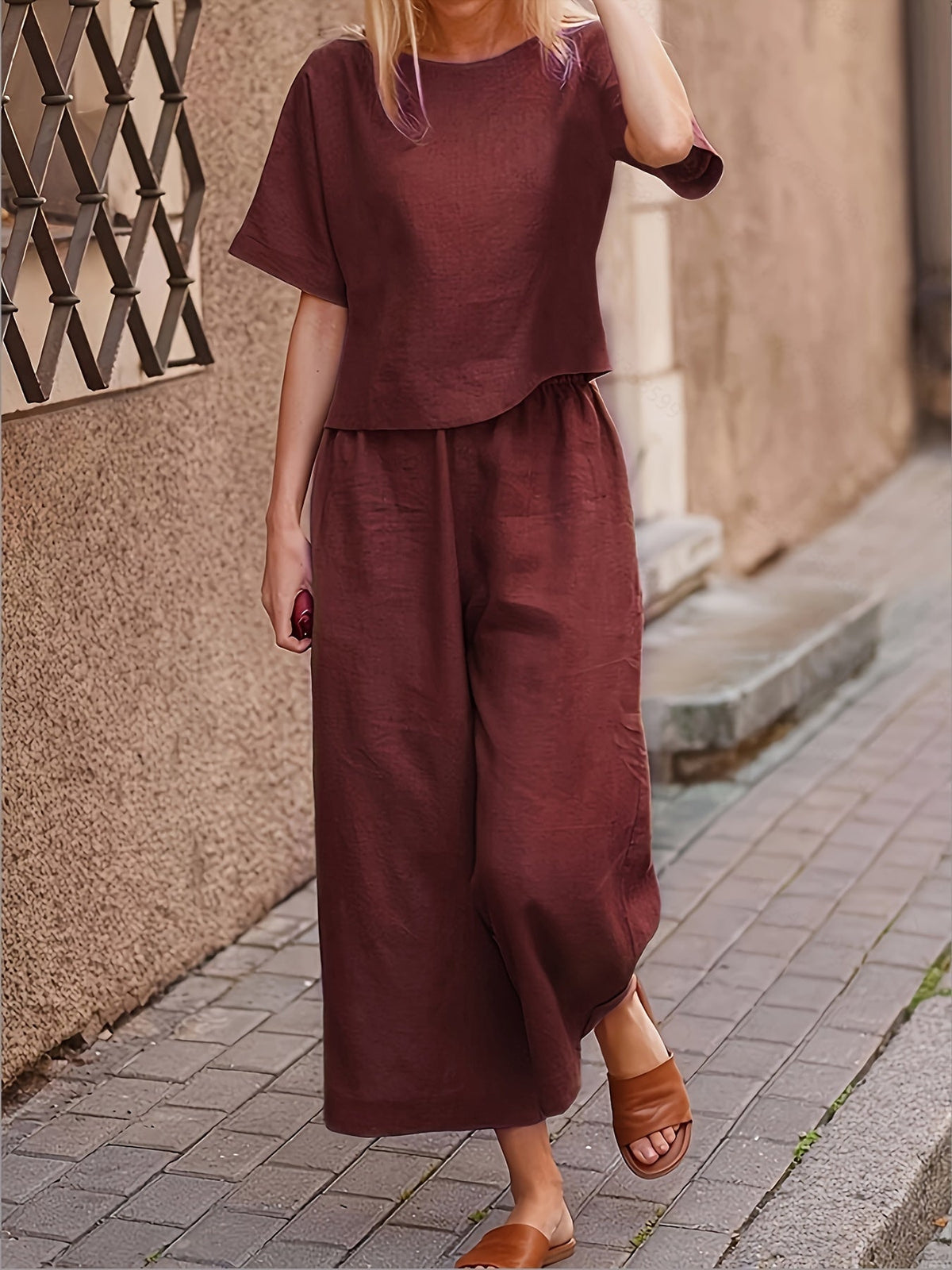 Women's 2-Piece Pantsuit Set, Casual Elegant Solid Color Crew Neck Short Sleeve Top and Wide Leg Pants, Loose Fit All-Season Outfit, S M L XL XXL