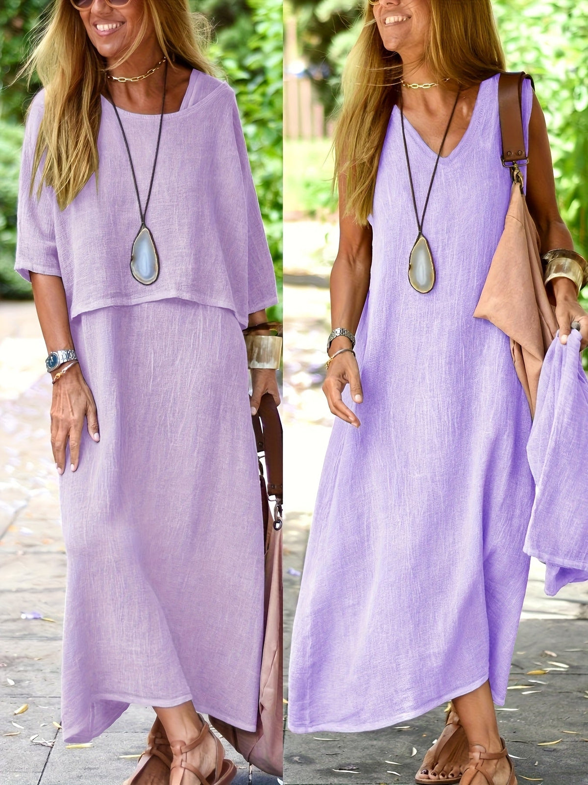 Women's Two-Piece Casual Loose Top and Sleeveless Maxi Dress Summer Boho Outfit Black Khaki Sky Blue Slate Grey S M L XL XXL