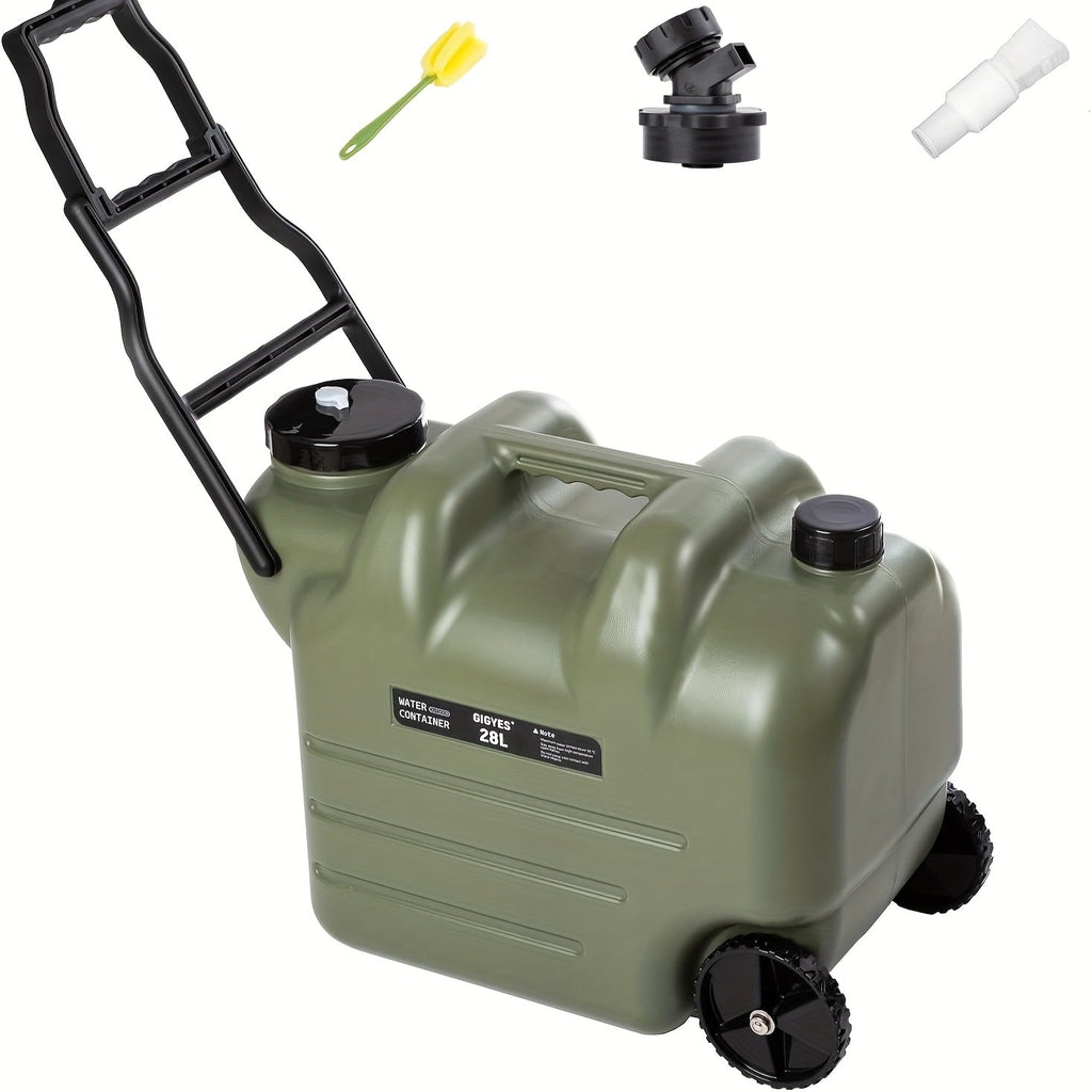 7.4 Gallon Portable Water Tank with Wheels - Large Capacity Durable PE Square Water Container for Camping, Hiking & Picnics - Khaki, Green, White & Black