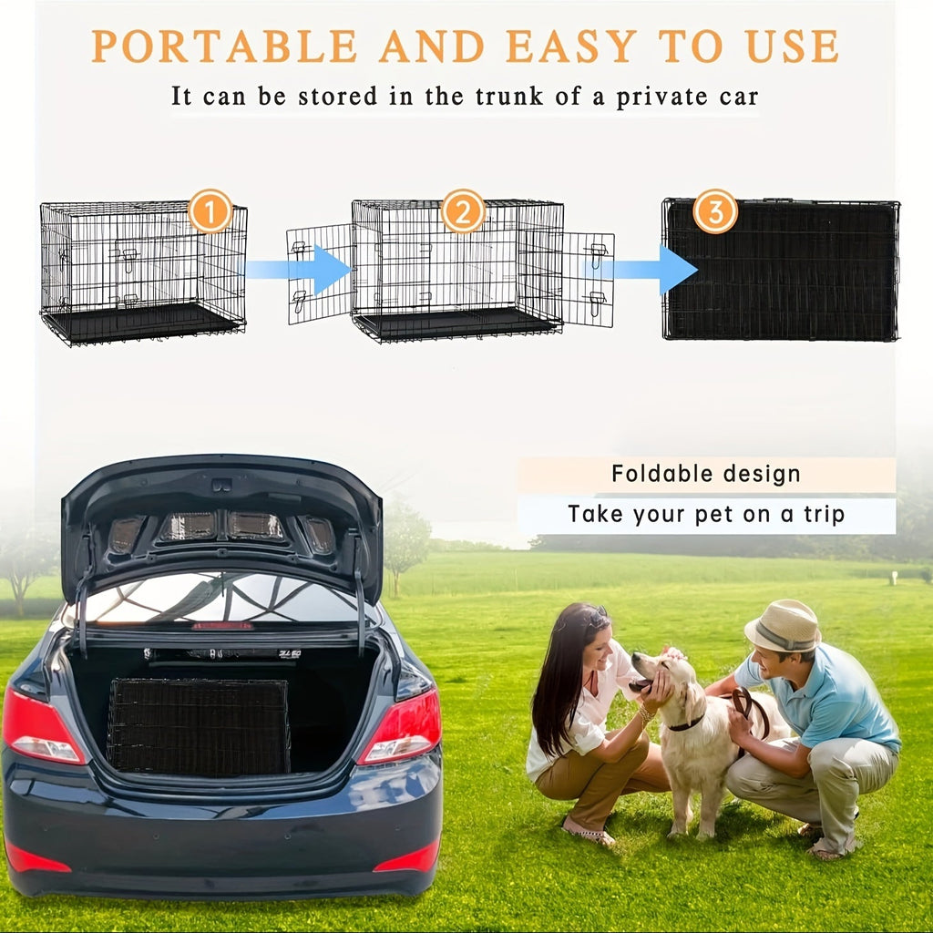 Double Door Folding Metal Dog Crate 42 48 Inch with Divider, Leak-Proof Tray, High-Temp Paint Finish, Wire Kennel for Medium to Large Dogs, Indoor/Outdoor, Black/Blue/Pink
