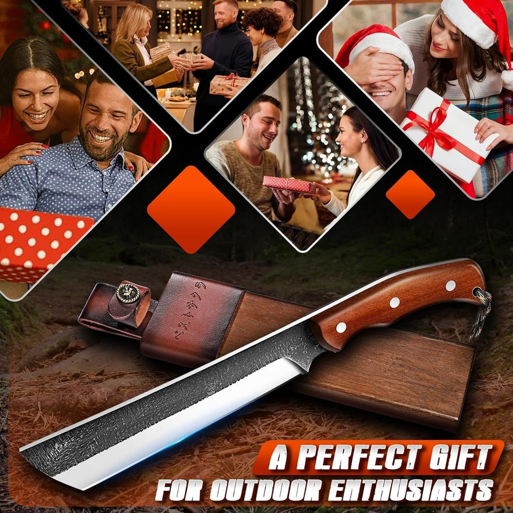 Heavy Duty Outdoor Full Tang Knife 14.4 In High Carbon Steel 58+ HRC Wood Handle with Wooden Sheath for Gardening Camping Bushcraft & Yard Work – Gift for Outdoor Men & Women