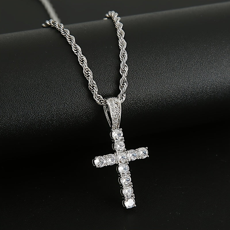 4-Piece Men's Punk Jewelry Set: Quartz Watch, Cuban Chain Necklace, Bracelet, and Rhinestone Cross Necklace – Hip Hop Style Gift for Men