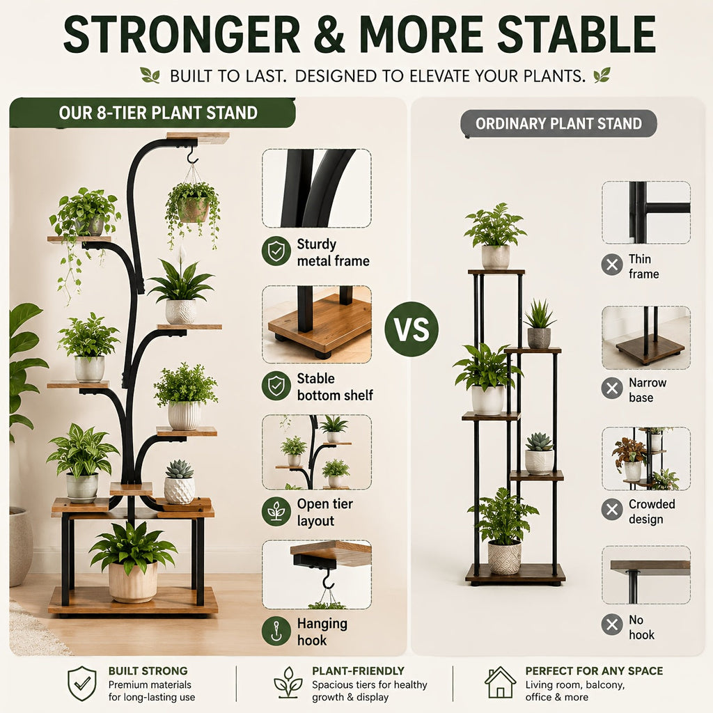 8-Tier Indoor Plant Stand with Grow Lights – Tall Metal Plant Rack with Wooden Shelves Full Spectrum LED Timer for Living Room Bedroom Balcony