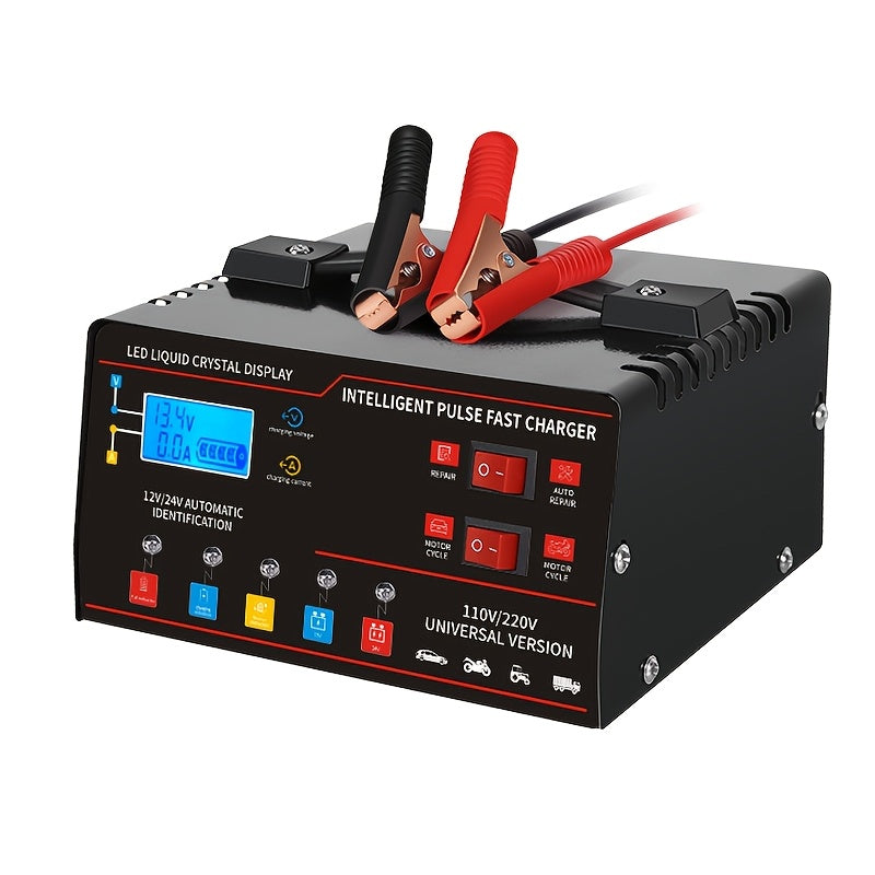 Smart Universal Battery Charger 12V 24V with LCD Screen Pulse Repair Trickle Maintainer for Car, Truck, Motorcycle, Boat, Lawn Mower, and Harvester – Automatic Temperature Regulation