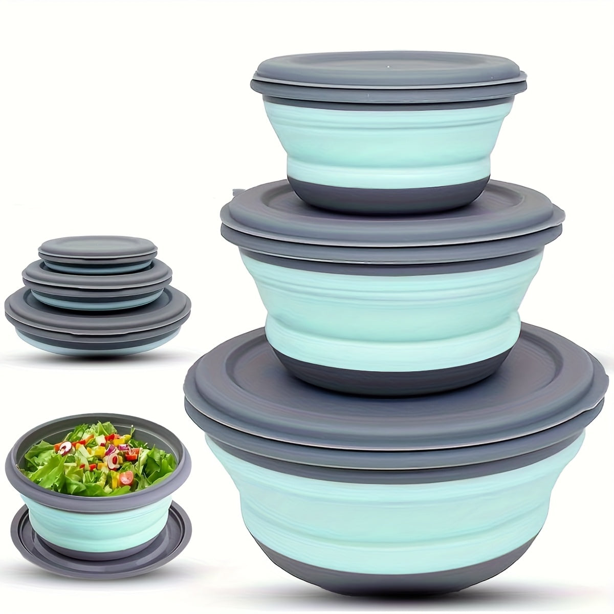 Collapsible Silicone Camping Bowls Set of 3 with Lids, Folding Utensils, and Storage Bag, Stackable Portable Food Containers for Camping, Hiking, Travel, Lunch (Blue, Pink)