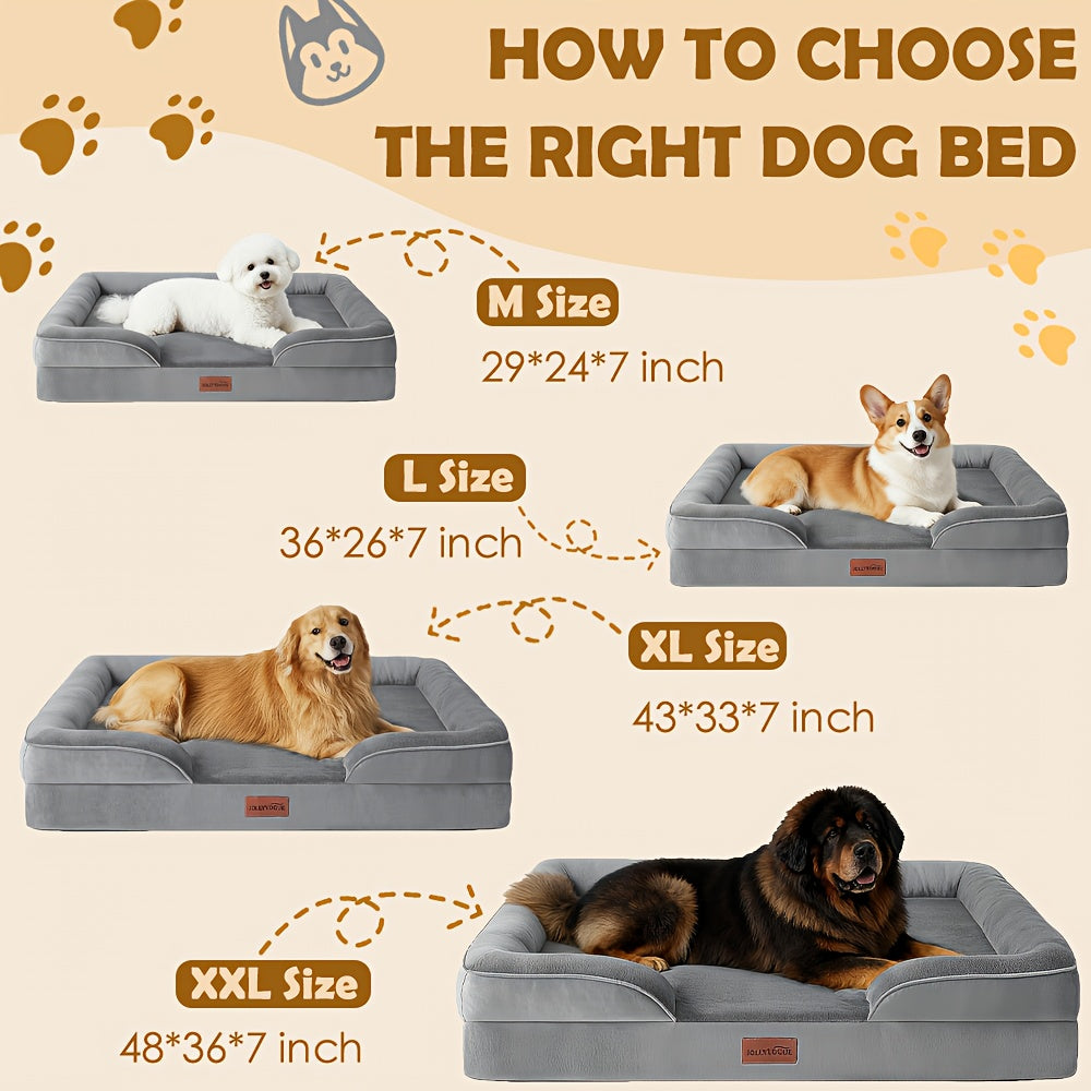 Extra Large Dog Sofa Bed, 100% Supportive Foam, 4-Sided Bolster, Removable Washable Cover, Non-Skid Bottom, Joint Support, Soft Warm Pet Couch Bed, Grey, M/L/XL/XXL, All Breeds