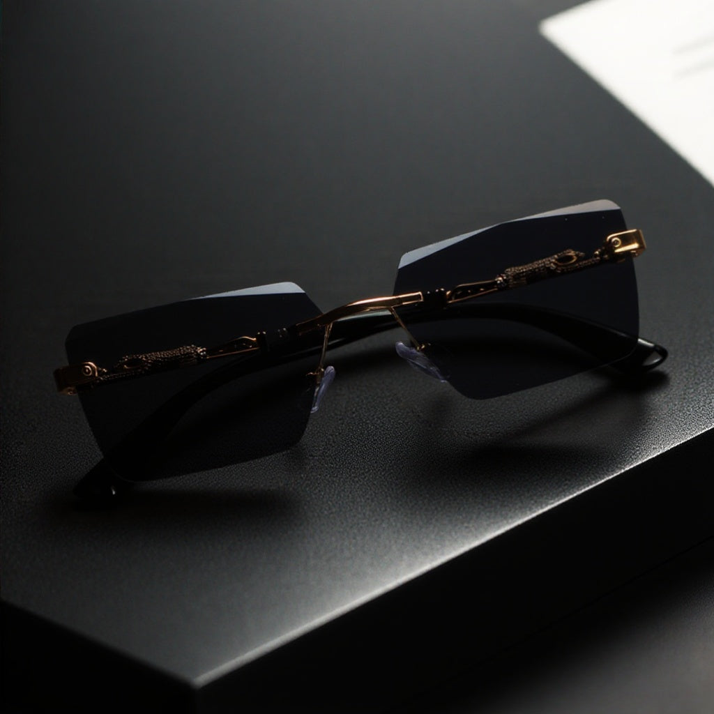 Unisex Luxury Frameless Sunglasses with Leopard Print Temples - UV400 Narrow Rectangular Lens Black & Gold Fashion Eyewear for Men & Women, Includes Protective Case & Cleaning Cloth for Driving, Travel & Parties