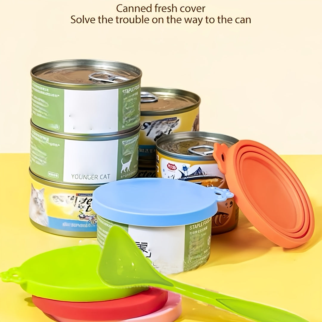 6-Piece Silicone Pet Food Can Lid and Spoon Set - Universal 3-Size Fit, Reusable Airtight Covers for Dog & Cat Wet Food, BPA-Free Feeding Spoon Combo, Random Colors