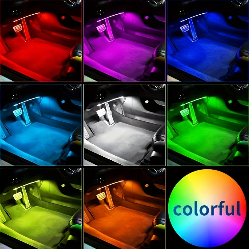 Music Sync LED Car Interior Lights – 4pcs USB Powered RGB Underfoot Ambient Lighting Kit with App & Remote Control, Colorful Atmosphere Lights for Car, Truck, SUV, No Battery Required