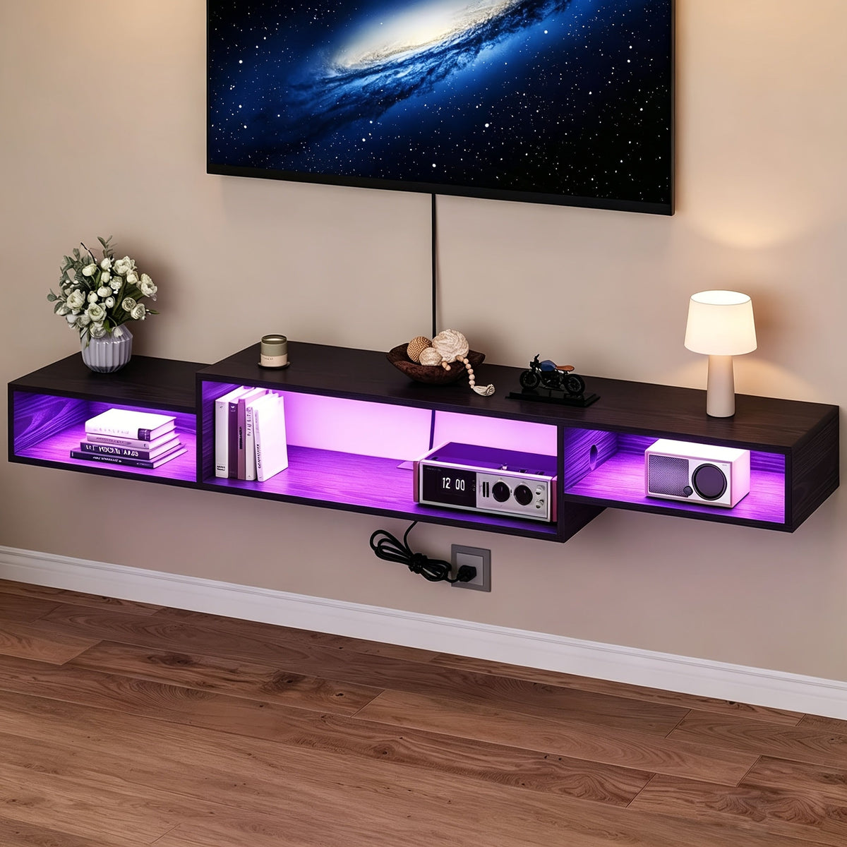 59-Inch Floating TV Stand with LED Lighting & Power Outlet – Wall Mount Entertainment Center with Corner Bracket, Multi-Color LED Strip for Living Room & Bedroom, Black or Rustic Brown – Nova Mart