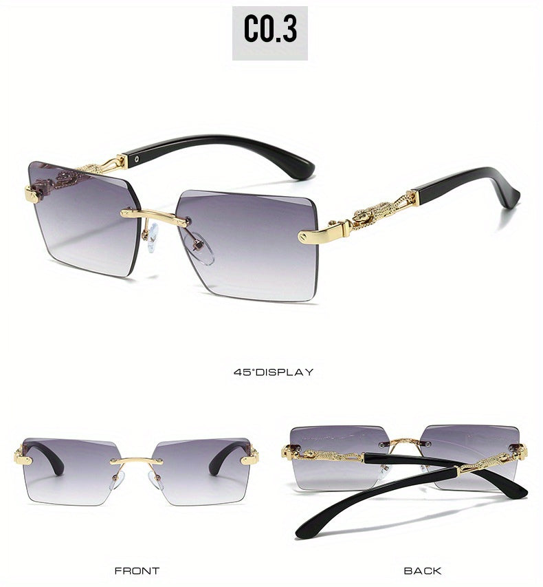 Unisex Luxury Frameless Sunglasses with Leopard Print Temples - UV400 Narrow Rectangular Lens Black & Gold Fashion Eyewear for Men & Women, Includes Protective Case & Cleaning Cloth for Driving, Travel & Parties