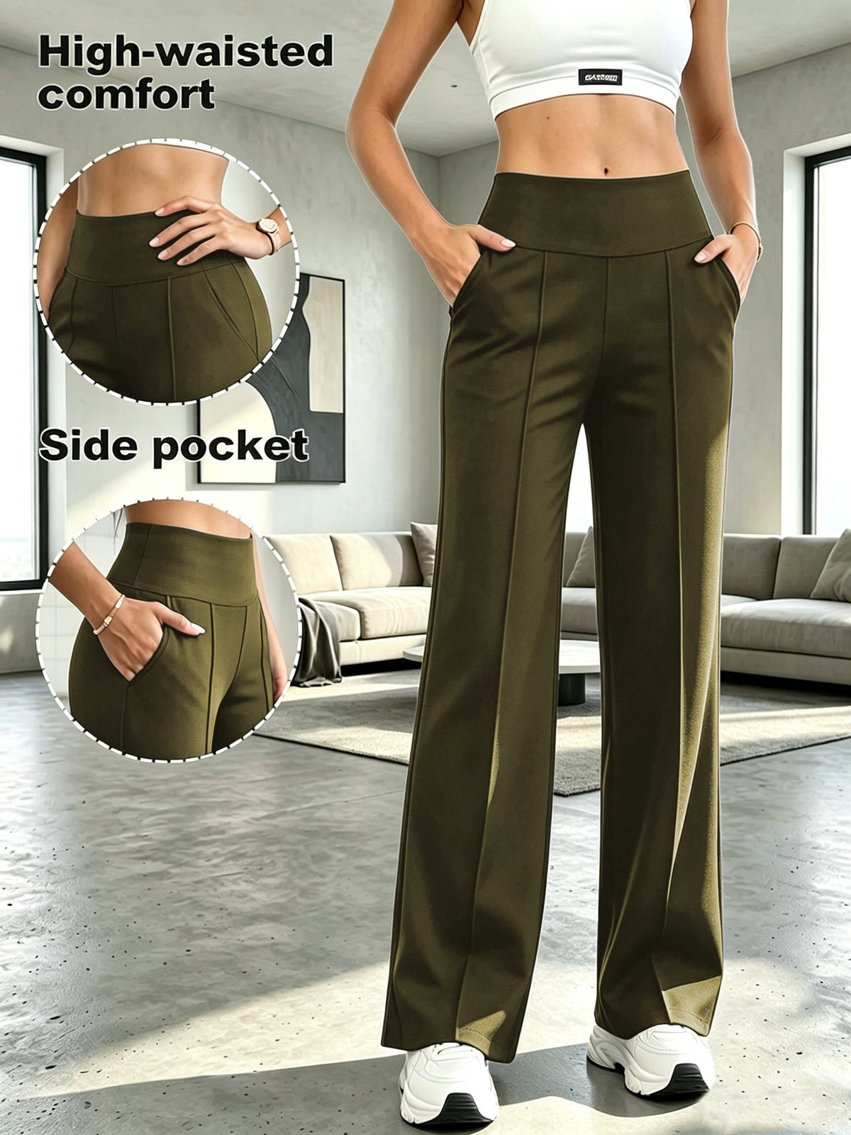 Women's High-Waist Tummy Control Wide-Leg Pants with Pockets - Flowy Straight-Leg Trousers, Soft Yoga Athletic Pants for Commuting and Casual Wear S M L XL