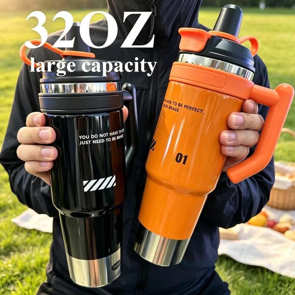 Large Capacity Insulated Tumbler - 316 Stainless Steel Inner Liner, Leak-Proof Lid & Straw, Printed Design for All-Day Hot & Cold Retention, Car, Camping, Fitness & Home - Orange & Black